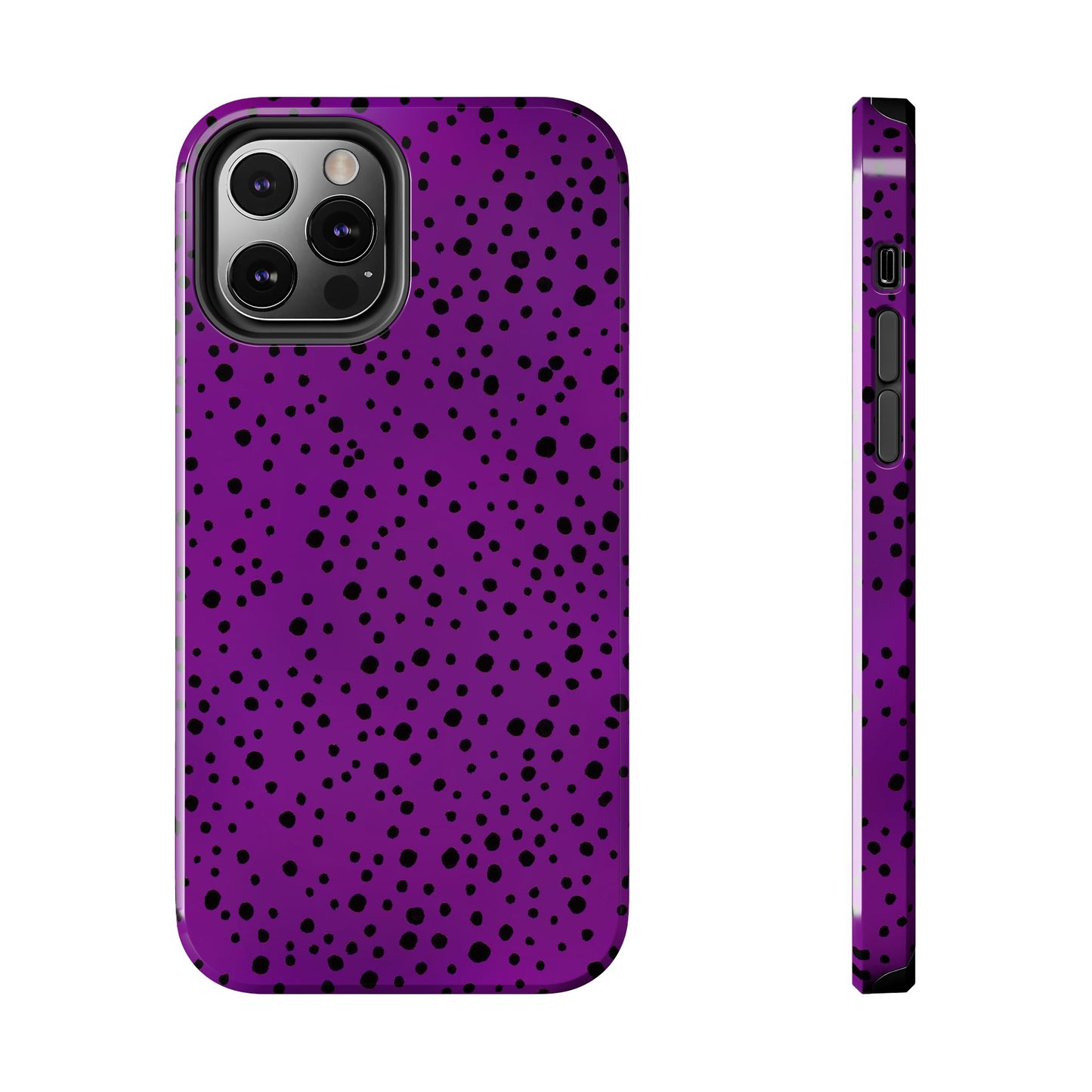 Purple phone case with scattered black dots and visible camera cutout, shown front and side view.