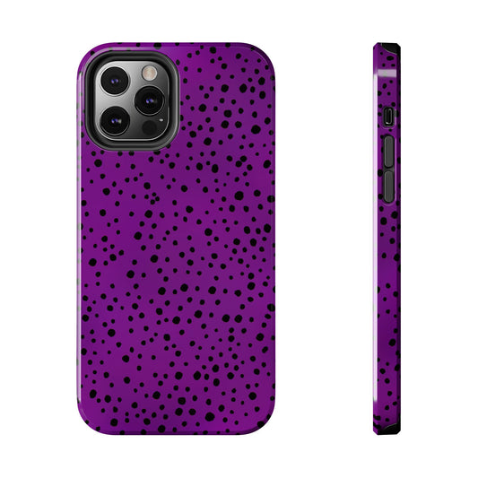 Purple phone case with scattered black dots and visible camera cutout, shown front and side view.