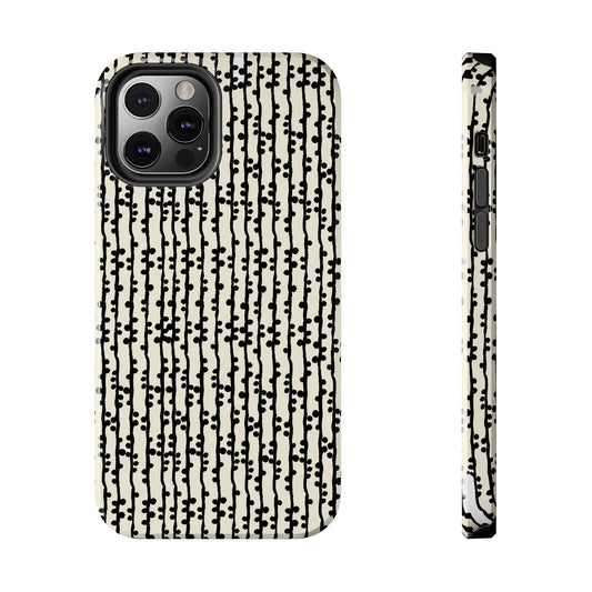 Smartphone case with black abstract pattern on cream background, featuring vertical lines and dots.
