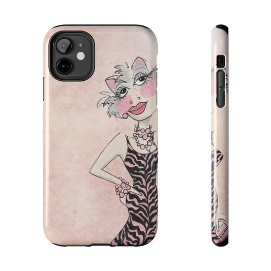Cartoon cat in a pink and black zebra dress on a phone case with a light pink background.
