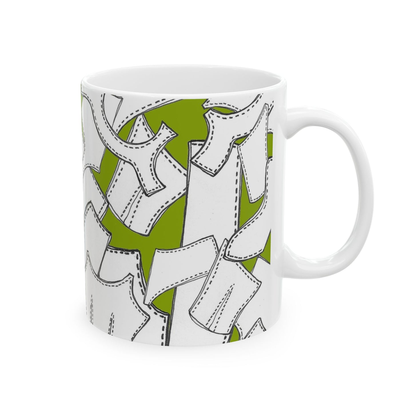 White mug with green background, featuring black outlined shirt patterns.