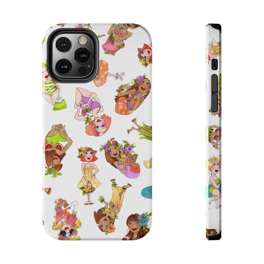 Phone case with colorful cartoon women in tropical outfits, holding flowers on a white background.