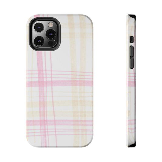 White phone case with pink and beige plaid pattern, triple camera cutout, side button visible.