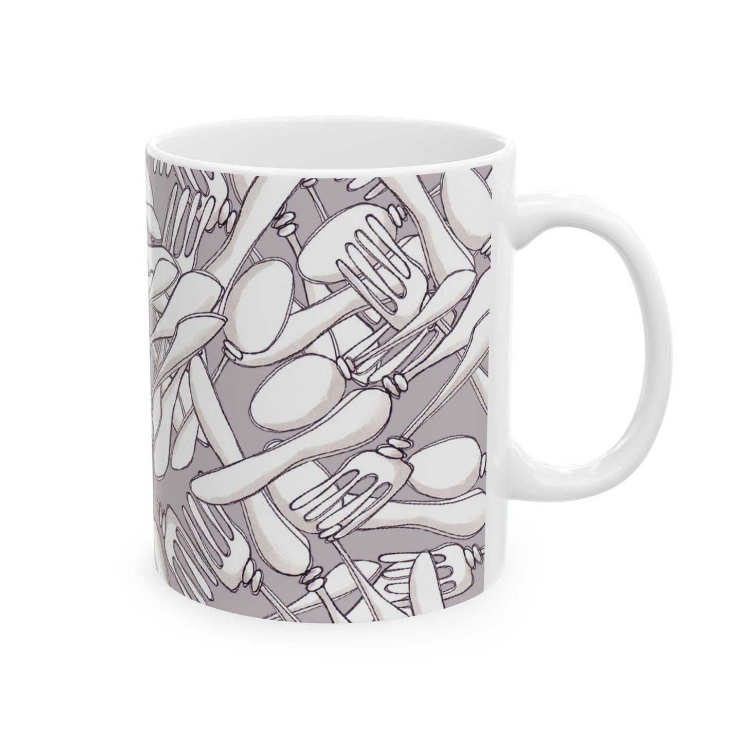 White mug with a gray pattern of overlapping forks, spoons, and knives.