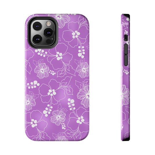 Purple phone case with white floral pattern, featuring hibiscus flowers and leaves.