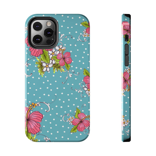 Blue phone case with white polka dots, featuring pink flowers and green leaves.