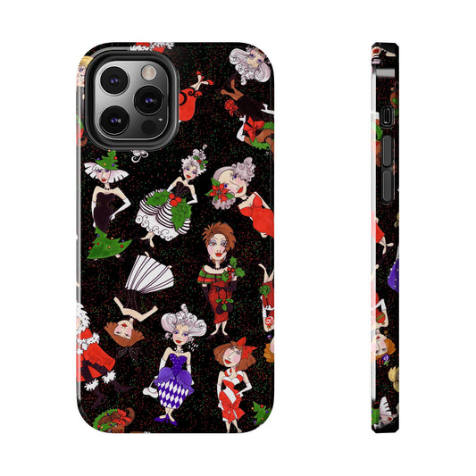 Colorful cartoon characters in festive outfits on a black phone case with confetti-like dots.