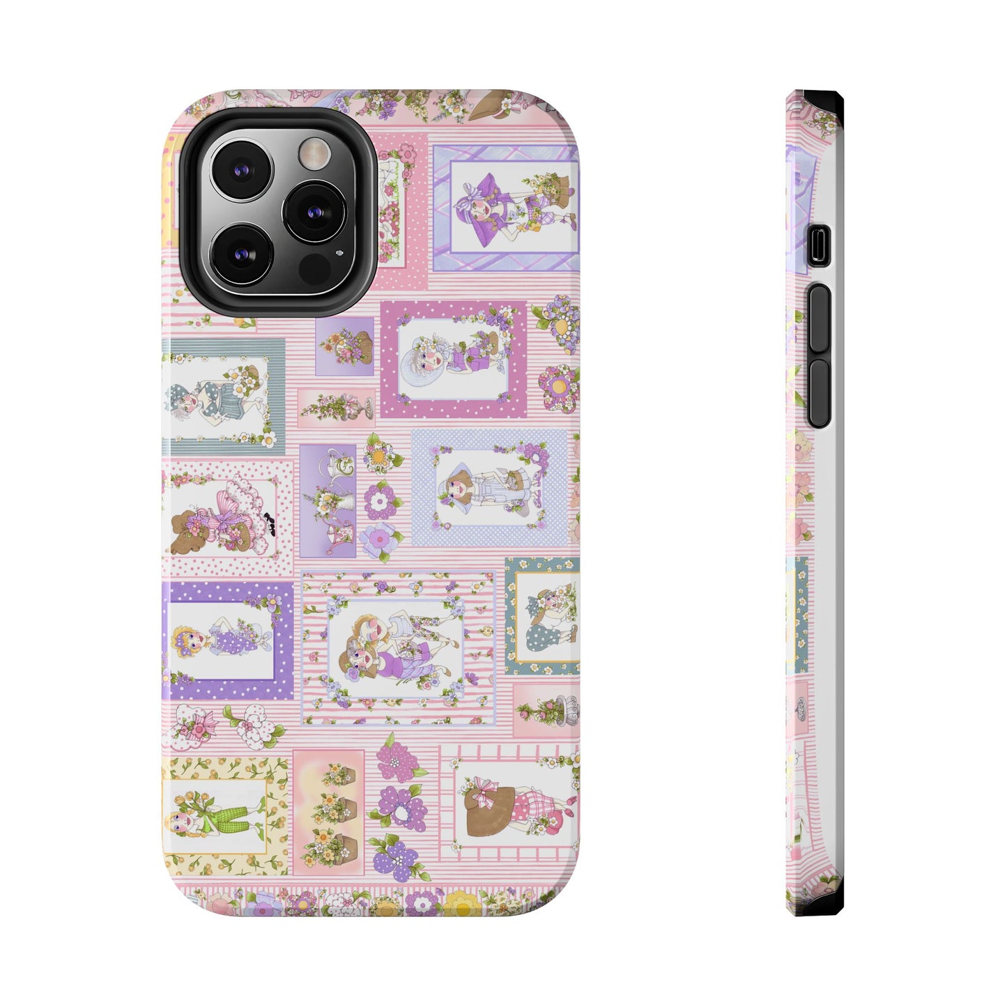 Cute phone case with pastel patchwork of floral and cartoon characters in pink, purple, and green.