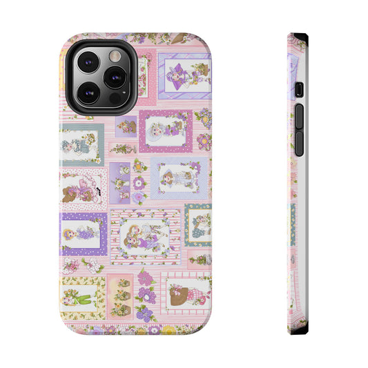 Cute phone case with pastel patchwork of floral and cartoon characters in pink, purple, and green.