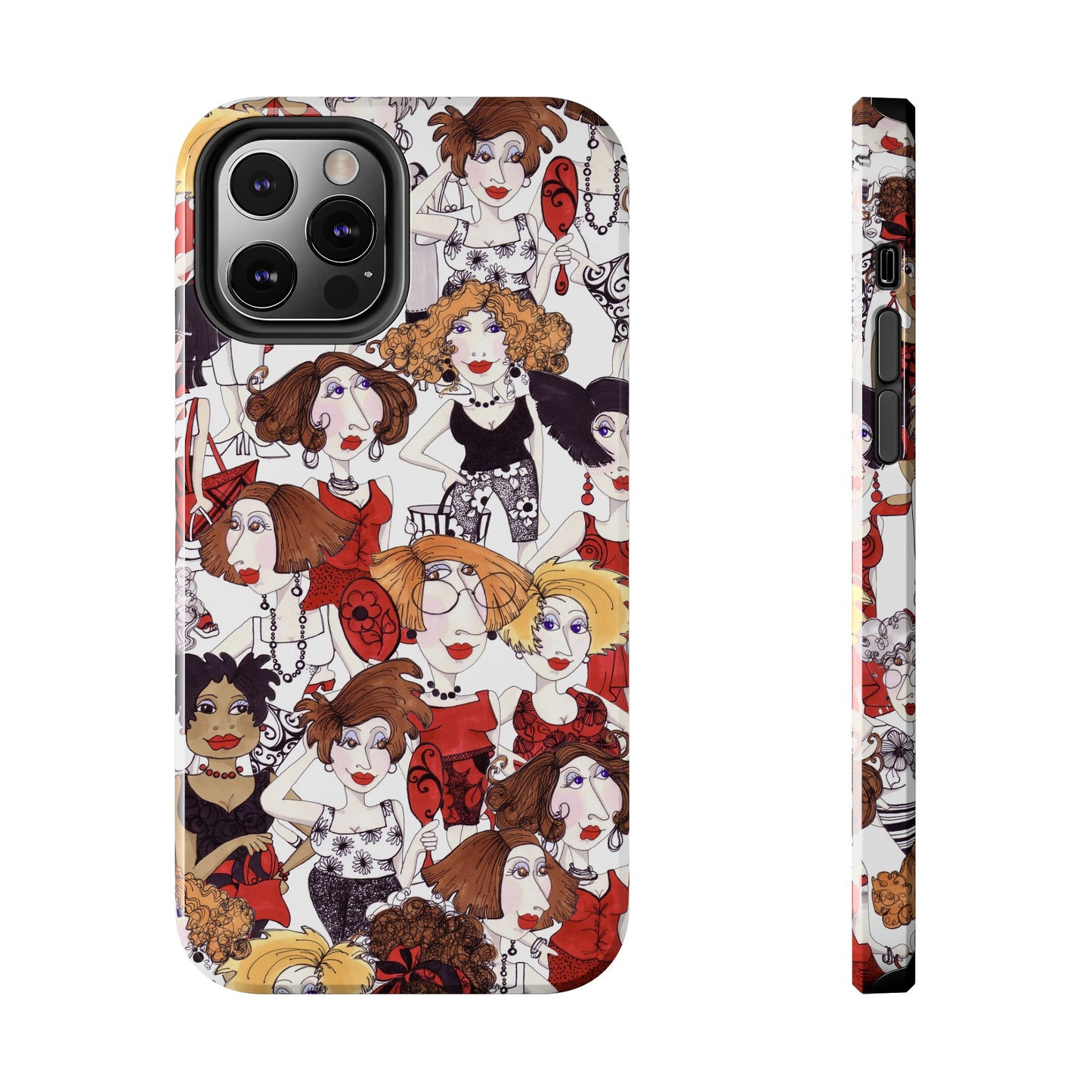 Colorful phone case with cartoon women in red, black, and white outfits, showing various hairstyles.