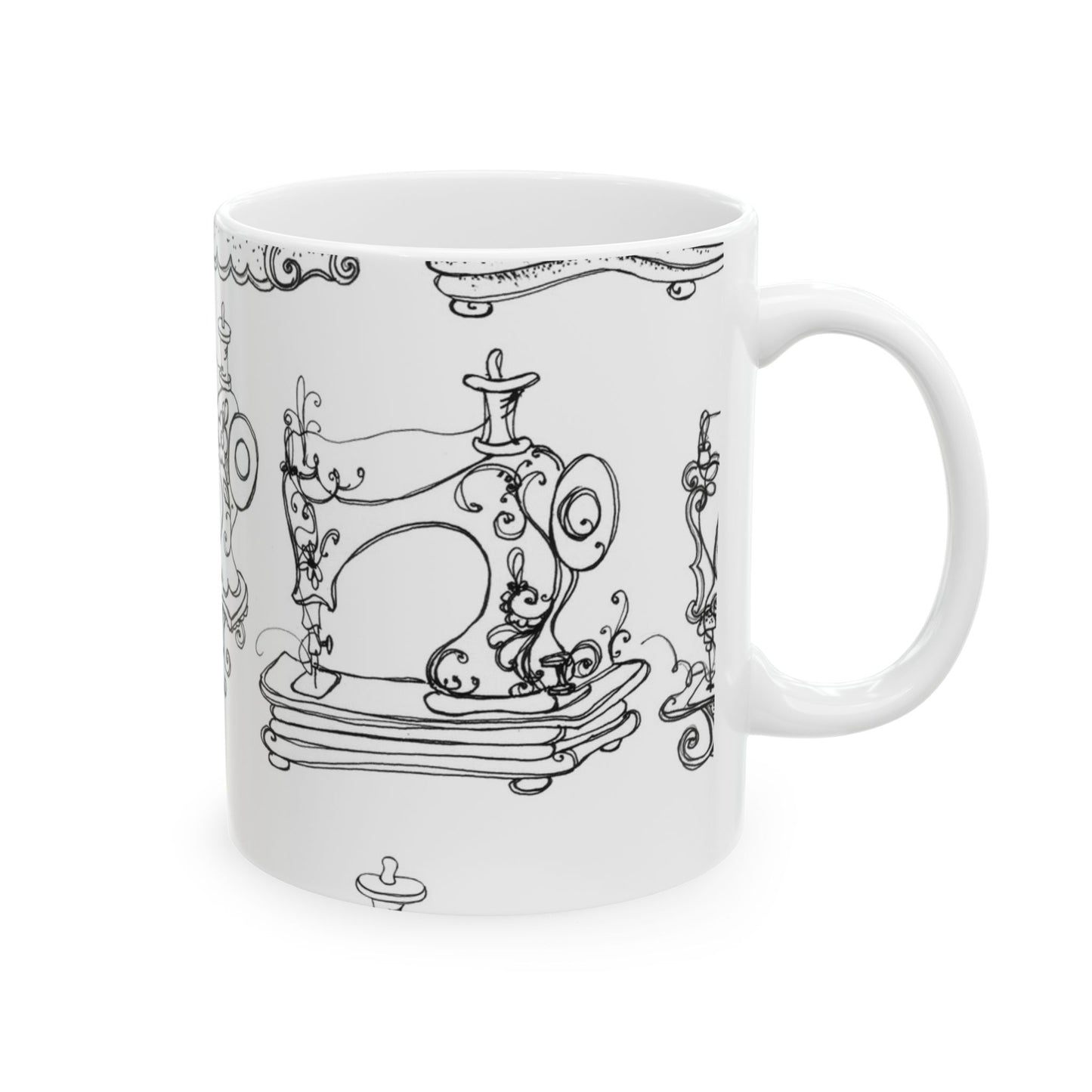 White mug with black vintage sewing machine illustrations and ornate details.