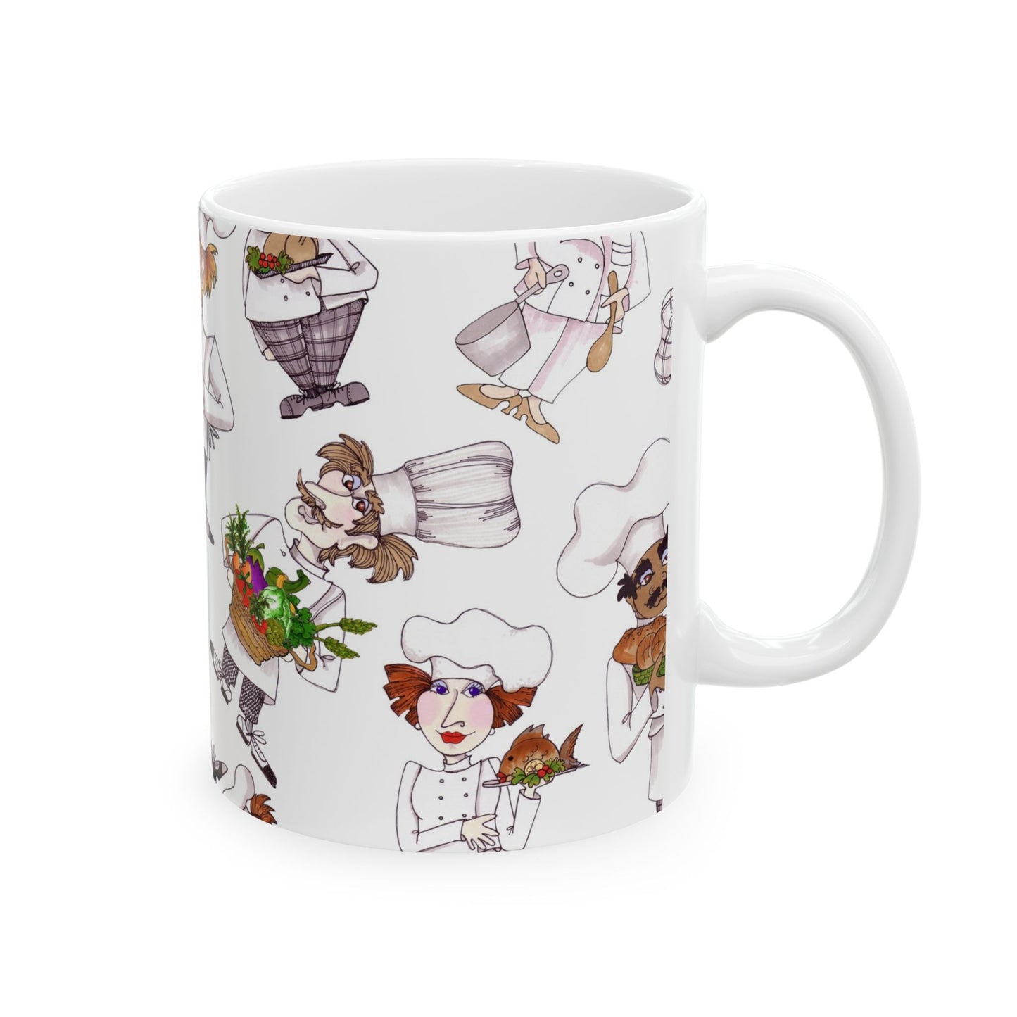 White mug with colorful cartoon chefs holding food and wearing tall hats.