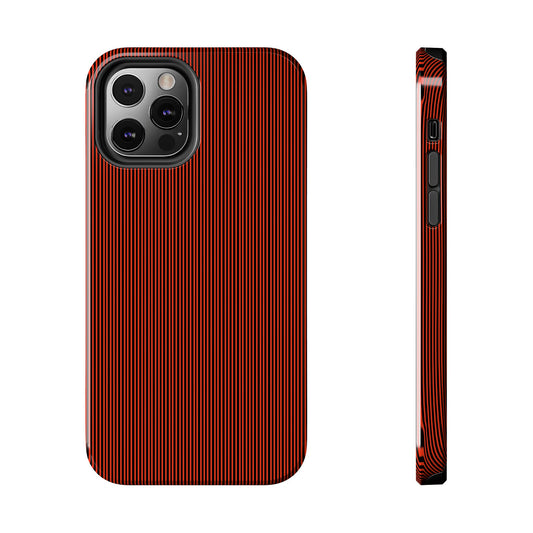Red and black pinstriped phone case with camera cutout and side button openings, shown front and side.
