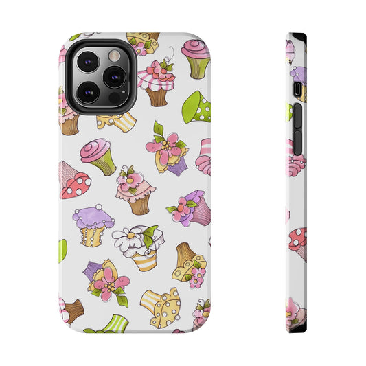 Cartoon cupcakes and mushrooms pattern on a phone case, featuring pink, purple, and green colors.