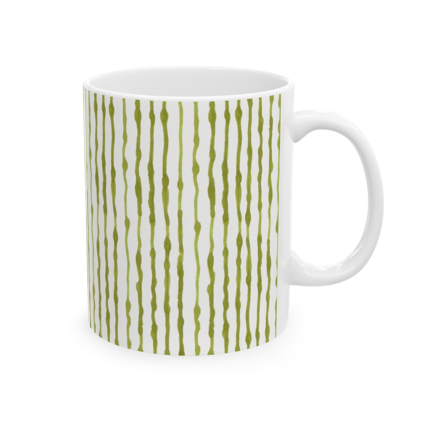 White mug with vertical olive-green wavy lines pattern.