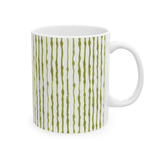 White mug with vertical olive-green wavy lines pattern.
