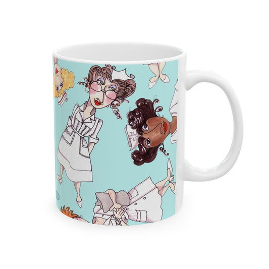 Mug with colorful cartoon nurses on a light blue background, featuring quirky expressions.