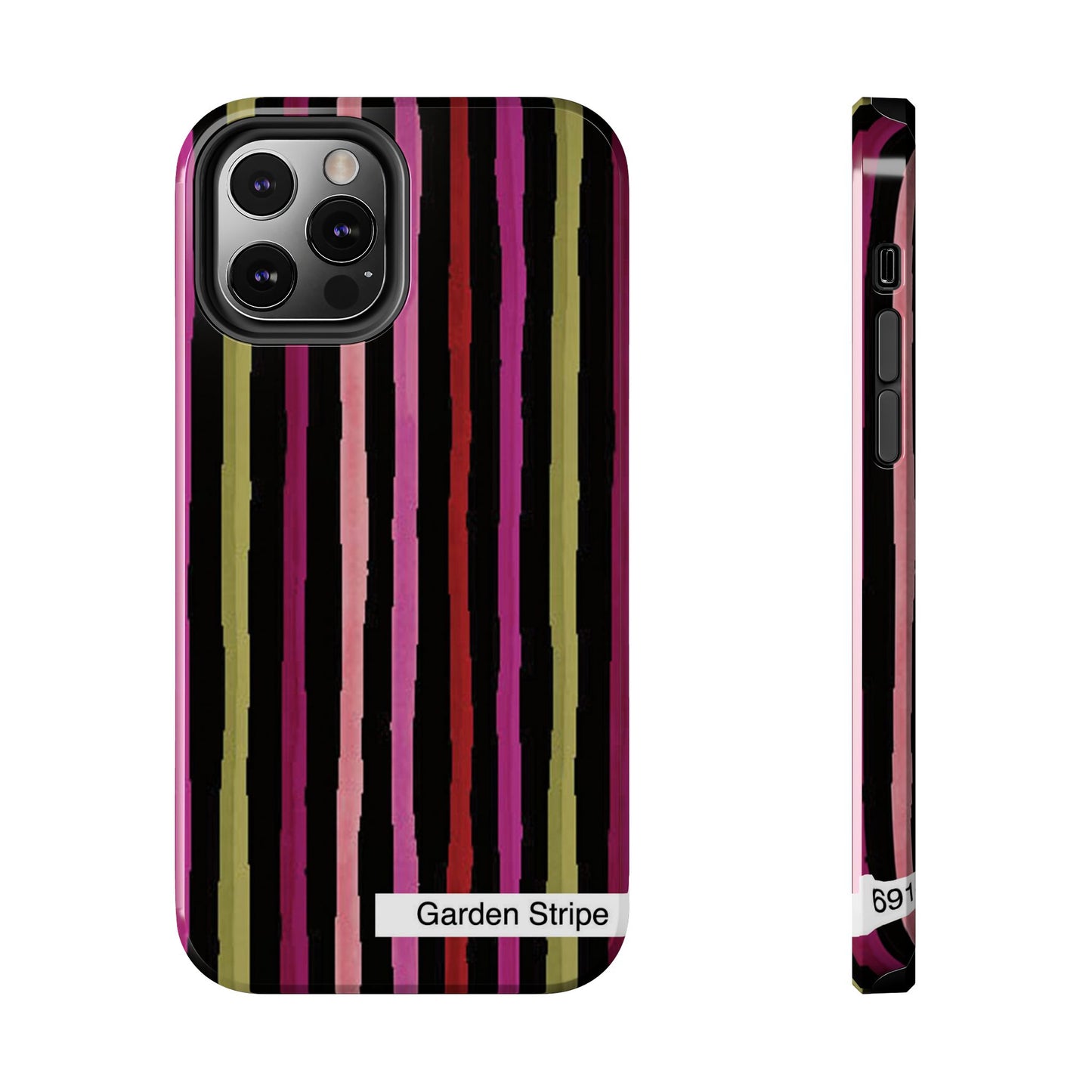 Smartphone case with vertical black, pink, red, and green stripes, labeled "Garden Stripe."