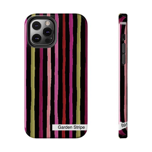 Smartphone case with vertical black, pink, red, and green stripes, labeled "Garden Stripe."