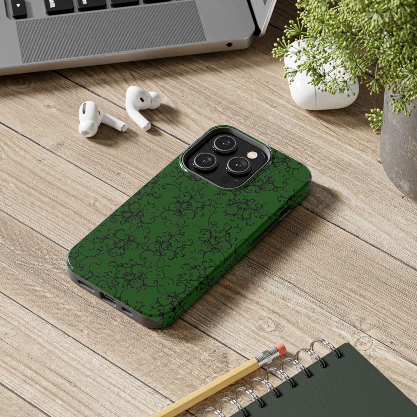 Elegant Scroll Dark Green / Black Phone Case
