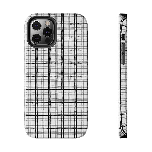 Black and white plaid phone case with camera cutout and side button details.