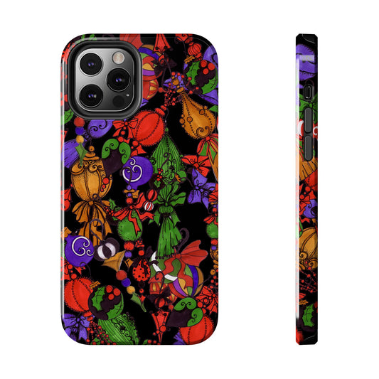 Colorful phone case with abstract red, green, and purple patterns on a black background.