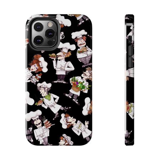 Cartoon chefs on a black phone case, wearing white outfits and hats, each holding food items.
