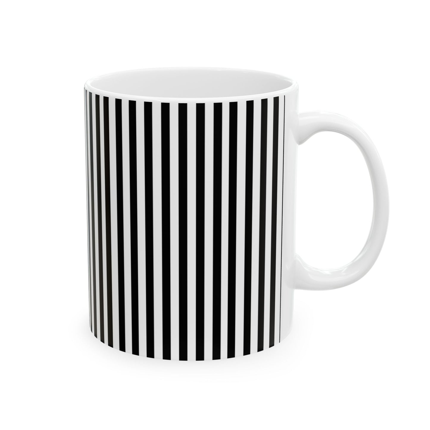 White mug with vertical black and white stripes and a side handle.