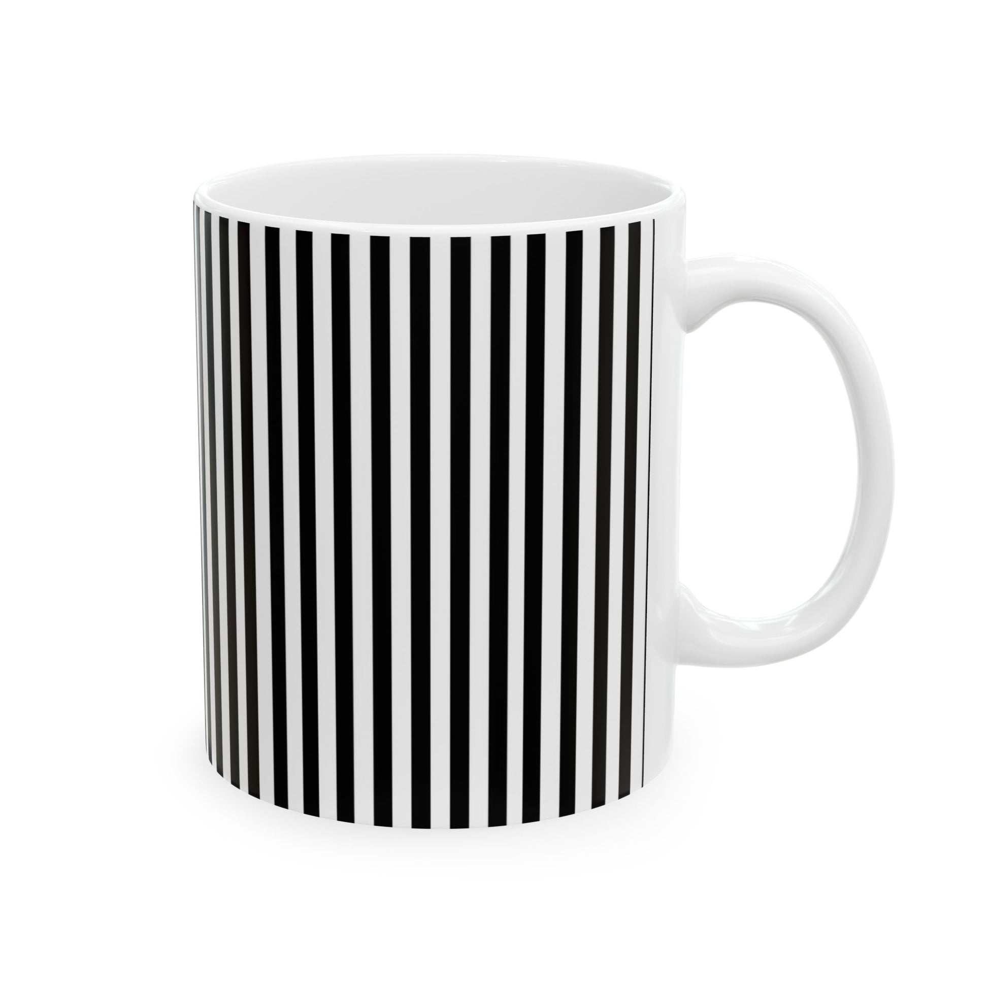 White mug with vertical black and white stripes and a side handle.