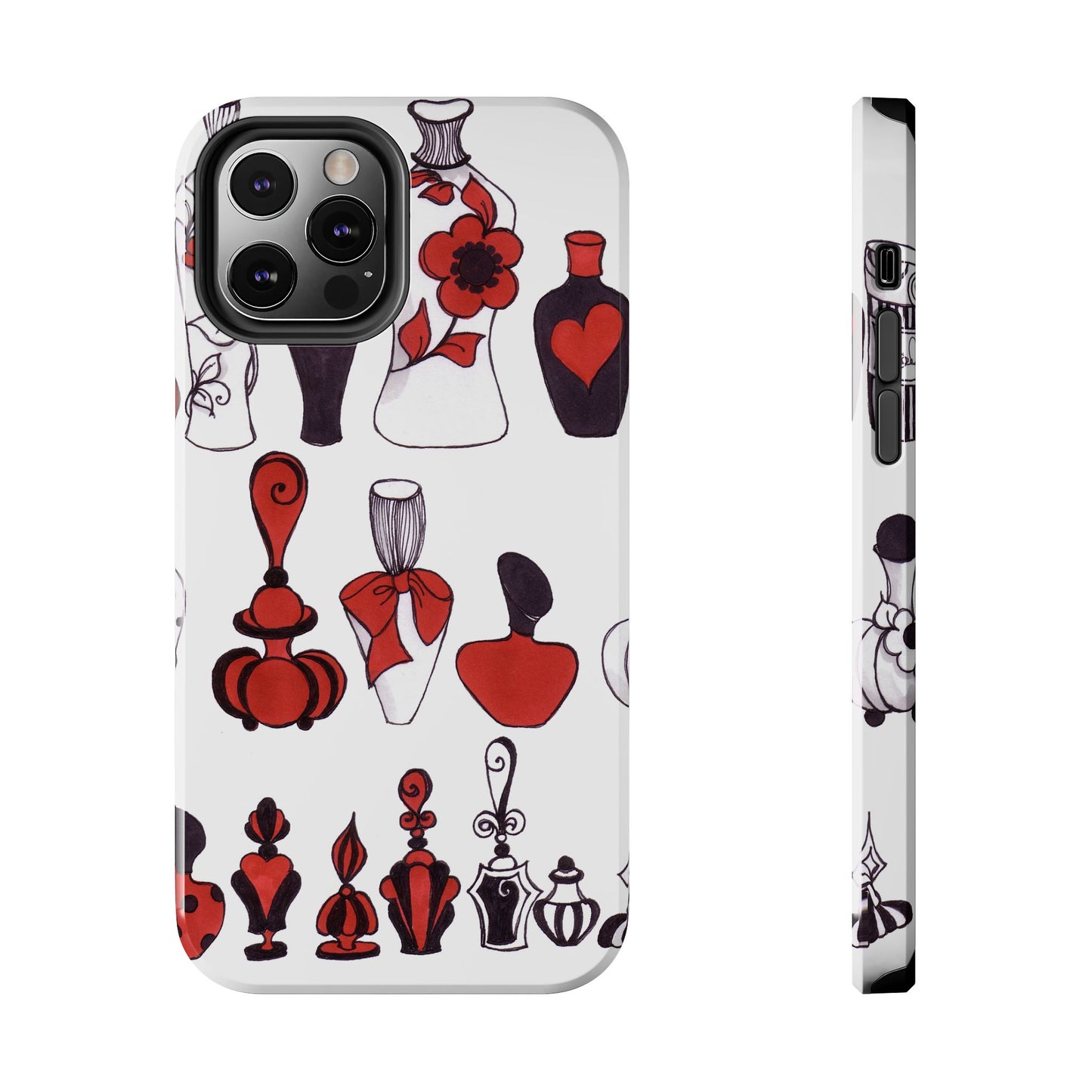 Phone case with red and black perfume bottles on a white background, side view visible.