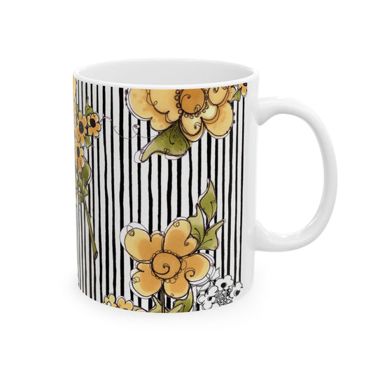 Bee Floral Stripe White / Black Cup
